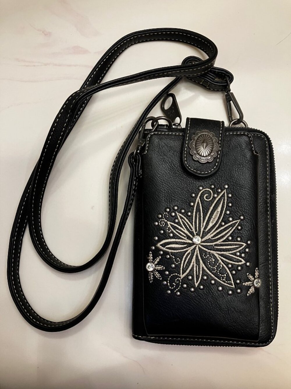 American Bling Black Purse CrossBody Embroidery w/Rhinestones & Studs